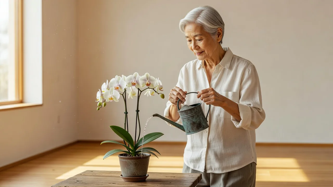 窓辺で蘭にじょうろで水をやる年配の方