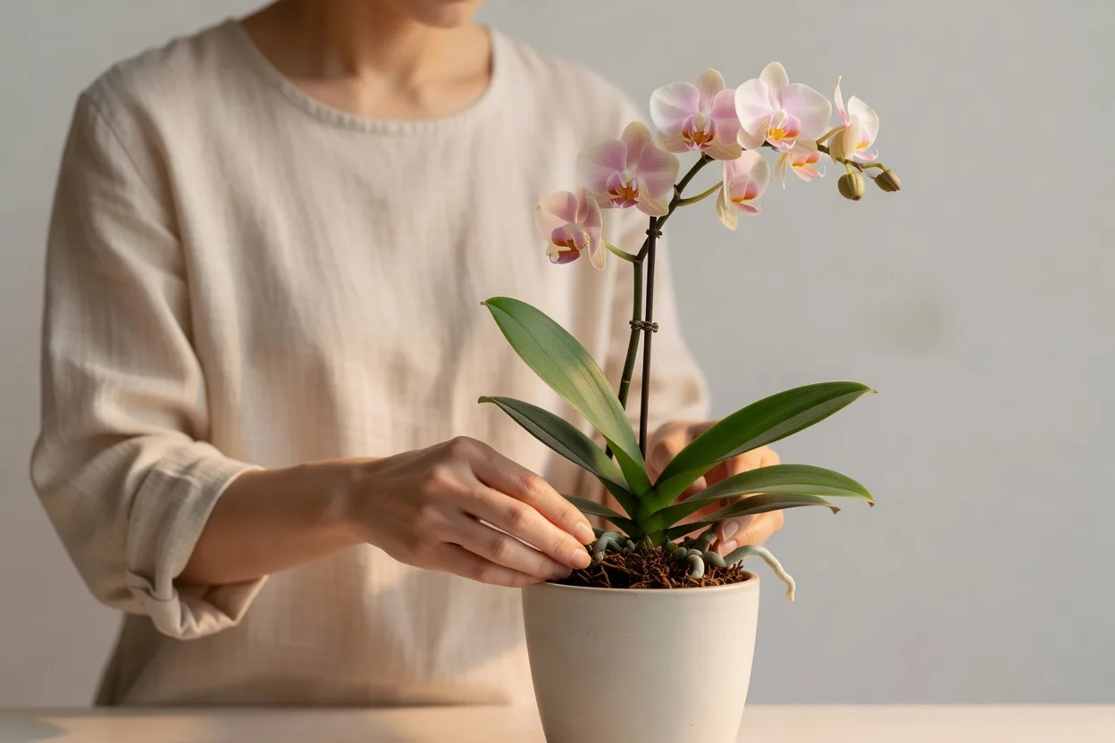 蘭の株元に手を添えて手入れする様子