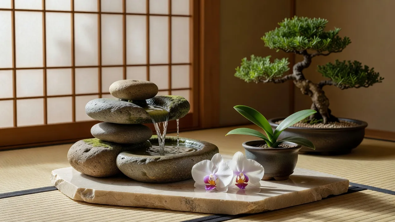 畳の部屋に置かれた石の水景と蘭の鉢、盆栽