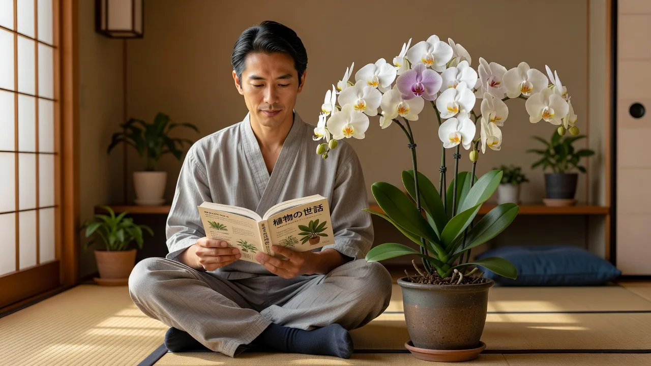和室で蘭の横に座り植物の本を読む男性