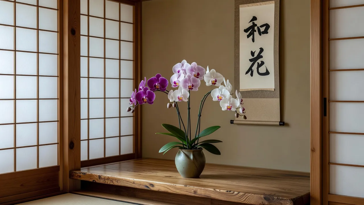 障子と掛け軸のある床の間に飾られた蘭