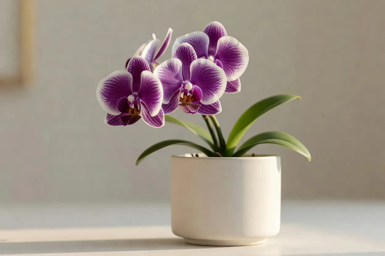 紫と白の花が咲く胡蝶蘭の鉢