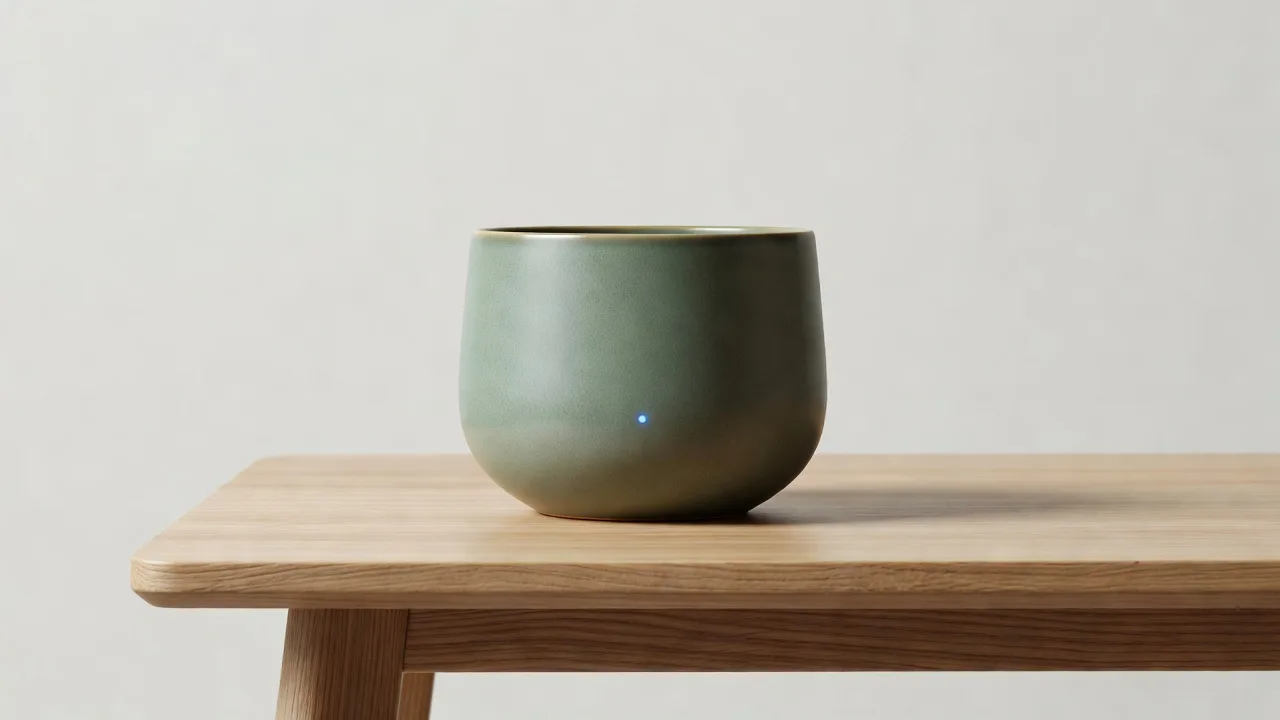 センサー内蔵を想定した緑の陶器の鉢（イメージ）