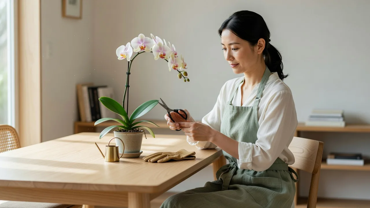 テーブルで蘭の手入れをする女性