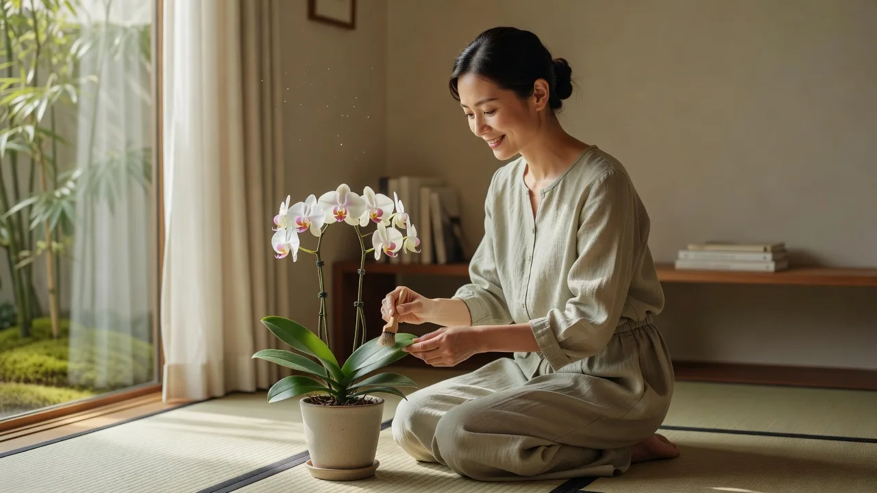 畳の上で蘭の葉に触れる女性