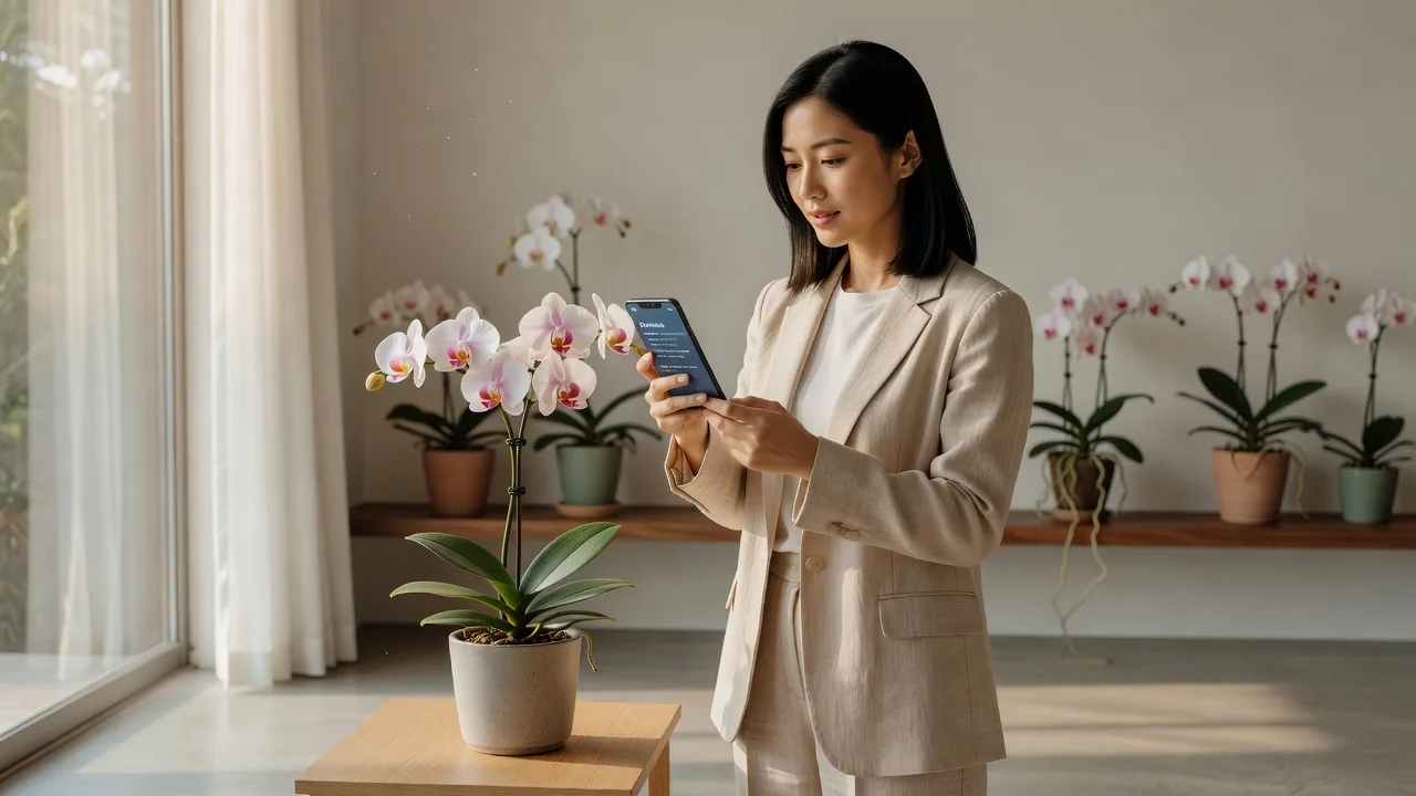 スマートフォンを見ながら蘭の様子を確認する女性