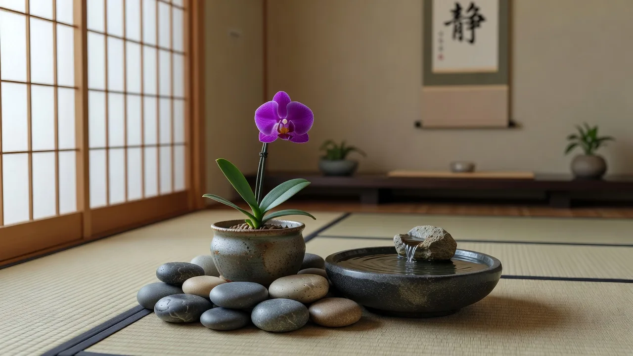 石と小さな水鉢のそばに置かれた紫の蘭
